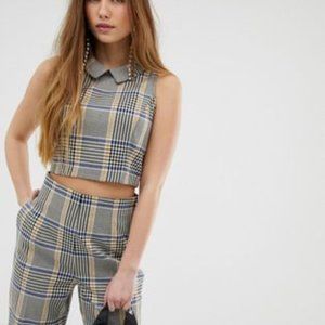 Miss Selfridge Cropped Blouse with Collar in Blue, Gray, & Yellow Check - US 2
